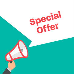 Hand holding megaphone Special offer in flat design