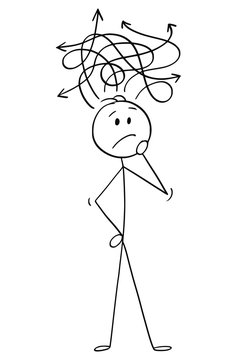 Stick figure in thinking posture. Stick man thinking about a solution to a  question. Vector illustration isolated on white Stock Vector