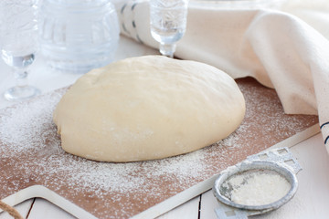 Raw unleavened dough made using vodka, selective focus