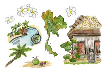 Travel to Thailand. Collection of sketches: palm trees, coconuts, pool, map, plumeria and the old temple. Watercolor illustrations. - 250835773