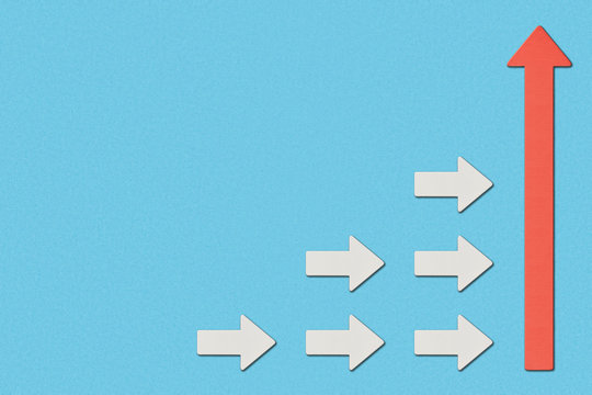 top view of white arrows directed to big red pointer on blue background