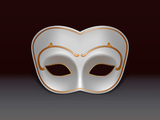 White colombina half-face mask decorated with golden ornament 3d realistic vector icon on black background. Venetian or Mardi Gras carnival, holiday masquerade, costumed party dressing illustration