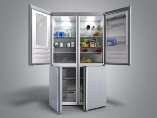 Open Stainless steel modern refrigerator on grey 3d illustration