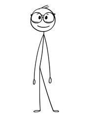 Cartoon stick figure drawing conceptual illustration of smiling man or businessman with big glasses.