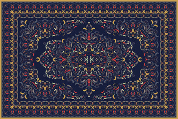 Vintage Arabic pattern. Persian colored carpet. Rich ornament for fabric design, handmade, interior decoration, textiles. Blue background. - 250836777