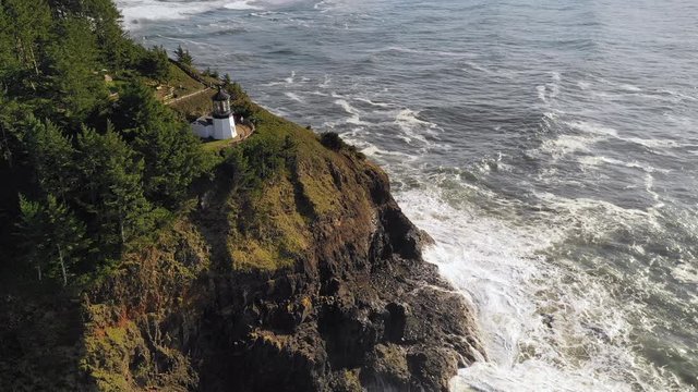 Aerial View Flying Over Cape Mears Lighthouse Pacific Ocean