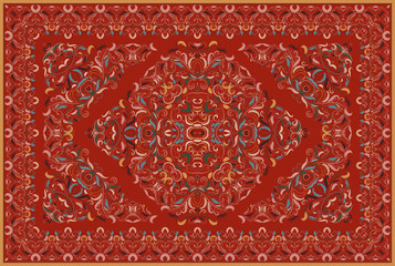 Vintage Arabic pattern. Persian colored carpet. Rich ornament for fabric design, handmade, interior decoration, textiles. Red background.