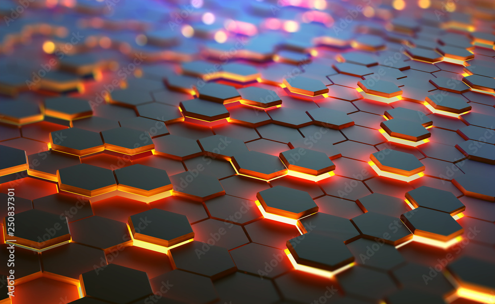 Poster Glowing hexagons in abstract technological 3D illustration. The concept of a quantum computer. The computing machines of the future in the global decentralized network