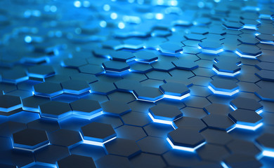 A field of hexagons in a futuristic 3D illustration. Computer of the future. Burning, glowing edges of objects. Shallow depth of field with bokeh effect