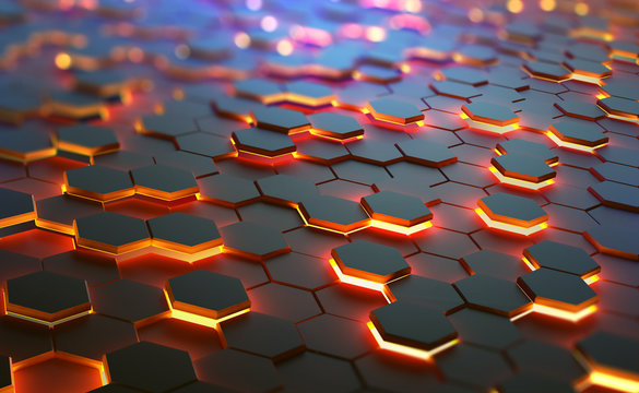 Glowing hexagons in abstract technological 3D illustration. The concept of a quantum computer. The computing machines of the future in the global decentralized network