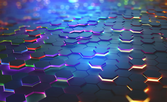 A field of hexagons in a futuristic 3D illustration. Bright color and neon light of the heated edges of the hexagons. Shallow depth of field with bokeh effect