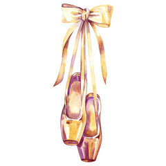 Watercolor pointe shoes with ribbon bow. Hand drawn art work isolated on white background. Pastel ballerina shoes hanging. Girl dance print