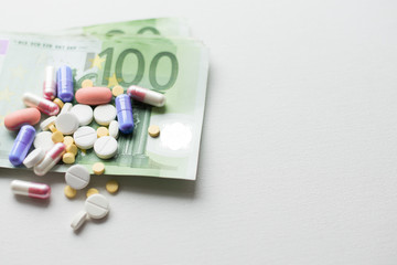 Pills on euro money isolated on white background. Medicine expenses. Place for text