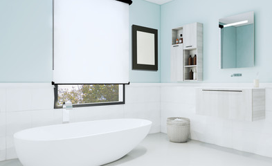 Fototapeta na wymiar Blue bathroom with modern furniture and decorative tiles. 3D rendering. Mockup. Blank paintings.