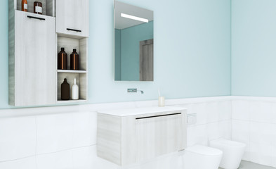 View of the bathroom with modern furniture and a door in bright colors.. 3D rendering. Mockup
