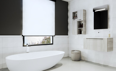view of the bath with a large window covered with a curtain. 3D rendering. Mockup