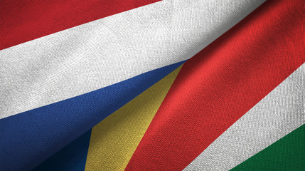 Netherlands and Seychelles two flags textile cloth, fabric texture