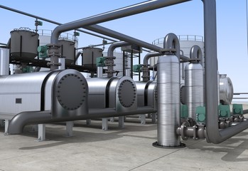 oil refinery, chemical production, waste processing plant, exterior visualization, 3D illustration