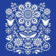  Scandinavian vector folk art pattern, floral retro ornament design, Nordic style ethnic decoration   