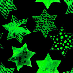 Seamless Watercolor Stars Pattern. Magic Festive Background. Hand Drawn Doodle Stars. Baby Design. Abstract Rapport for Wallpaper, Textile, Linen, Wrapping, Posters, Cards, Banner. New Year, Birthday 