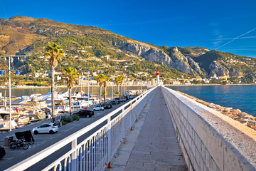 Fototapeta na wymiar Colorful Cote d Azur town of Menton beach and architecture view, border od France and Italy