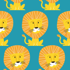 Vector seamless pattern with lions isolated on the blue background. Animal background for fabric or wallpaper design.