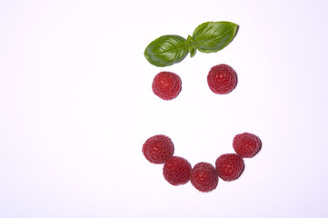 Himbeeren, Gesicht, Basilikum, Haare, frisch, lecker, lustig, rot, grün, weiß