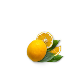 Composition of lemon and leaves. Fresh, juicy lemon. Flat lay. Food concept. Lemon on white background.Copy space.