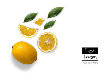 Composition of lemon and leaves. Fresh, juicy lemon. Flat lay. Food concept. Lemon on white background.Top view. Copy space.