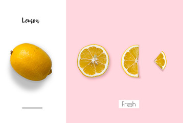  Minimal summer concept.  Fresh, juicy lemon. Food concept. Lemon on white and pink background.Top view. Copy space.