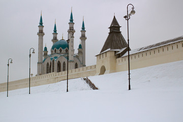 Kazan winter landscape on the walls of the Kazan Kremlin and the Kul Sharif Mosque