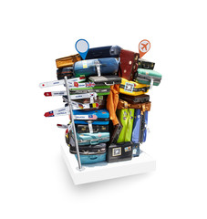 Travel concept with many cases bags and travel pointers placed on white base and colored background