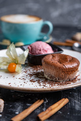 Chocolate lava cake Molten with ice cream on plate and cappuccino. Balls of ice cream in cup . Dark black background.