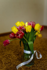 Pink and yellow tulips bouquet