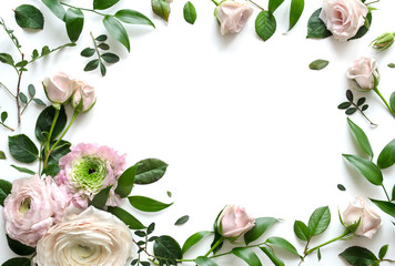 Composition from pink Ranunculus and roses on a white background with space for text.  Top view. Copy space. Mock-up