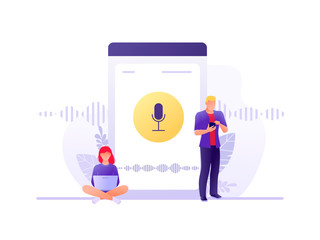 Voice assistant. Young people with gadgets near smartphone. Speaker recognition, voice controlled smart speaker. Voice activated digital assistants, identification. Flat concept vector illustration.