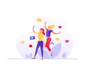 Social media, networks. Women taking selfie together. Flat concept vector illustration for web page, website and mobile website, ui, ux. Flat concept vector illustration for web, landing page, banner.