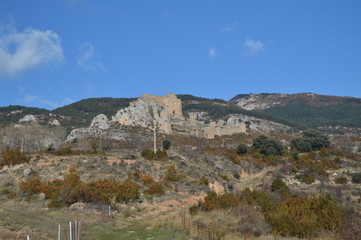 Views From Riglos Village Of The Roman Castle Of Loarre Dating From The 11th Century It Was Built By King Sancho III. Landscapes, Nature, History. December 28, 2014. Riglos, Huesca, Spain.