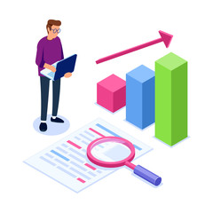 Isometric Data analysis concept. Handling large amounts of data. Man with a laptop stands in front of a graphic and a document with a magnifying glass. Isolated Vector illustration.