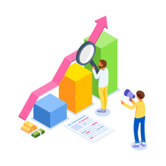 Isometric Financial solution concept. Revenue growth schedule. Man with megaphone and magnifying glass. Isolated Vector illustration.
