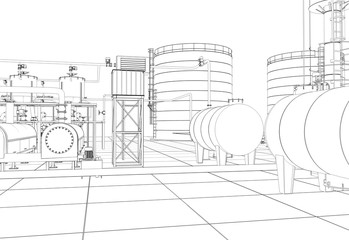 oil refinery, chemical production, waste processing plant, contour visualization, 3D illustration, sketch, outline