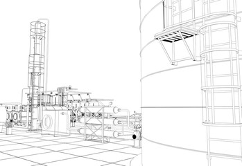 Fototapeta premium oil refinery, chemical production, waste processing plant, contour visualization, 3D illustration, sketch, outline