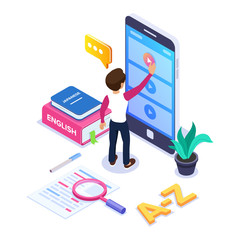 3d Isometric learning languages concept. Person learns foreign language via Internet by viewing video tutorials on the phone. Stack books, dictionary. Can use for web banner, infographics. Isolated