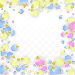 Vector Realistic Colorful Petals Falling on Transparent Background.  Spring Romantic Flowers Illustration. Flying Petals. Sakura Spa Design. Blossom Confetti. Design Elements for Wedding Decoration.