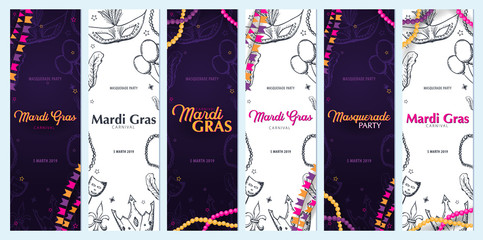 Set of banners Mardi gras carnival party. Masquerade. Fat tuesday, festival. Vector illustration.