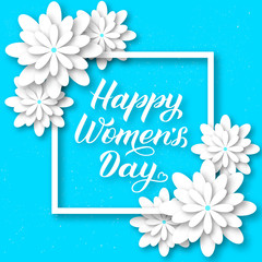 Happy Women’s Day calligraphy lettering with paper cut flowers. Origami style vector illustration. Floral international womens day party invitations, greeting cards, banner, poster, etc