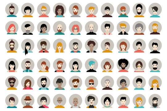 Avatar, woman, man heads. People vector shape heads different nationality in flat style.