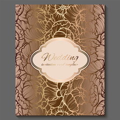 Antique royal luxury wedding invitation, gold on white background with frame and place for text, lacy foliage made of roses or peonies with shiny gradient