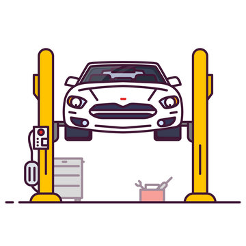 Front view of white luxury sedan car with electro engine. Line style vector illustration. Vehicle and transport banner. Modern electric car charging station banner. Gas station with electric charger.