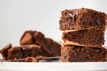 Chocolate cake, brownie on a white background.